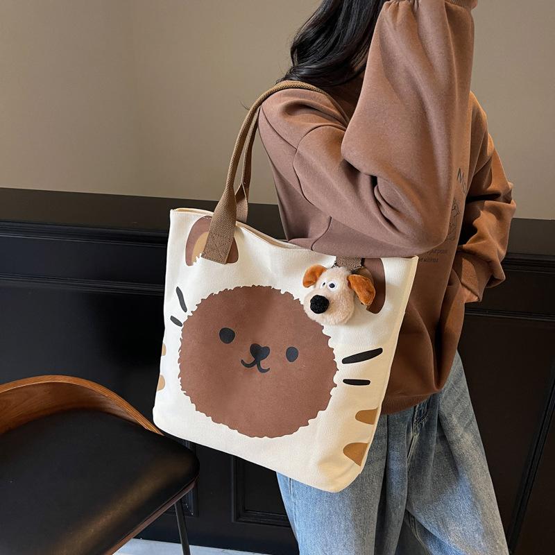 Canvas Bag Women's Large Capacity 2025 New Spring and Summer Versatile Shoulder Bag Casual Cartoon Student Class Tote Bag