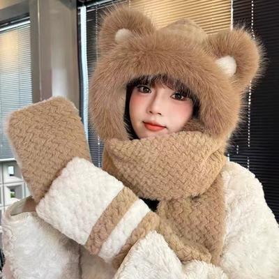 3 In 1 Hat Scarf Gloves Set Bear Ear Decor Thickened Plush Winter Hat Matching Scarf Gloves Function Cold Weather Outfit