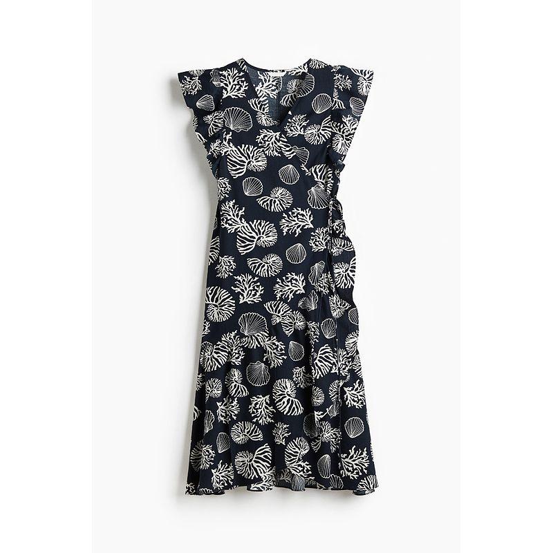 

HM Women s Clothing Dress Summer Flounced Sleeve Print Elegant Wrap Waist Elegant Ocean Print Dress 1290650 Navy/Shell 165/96