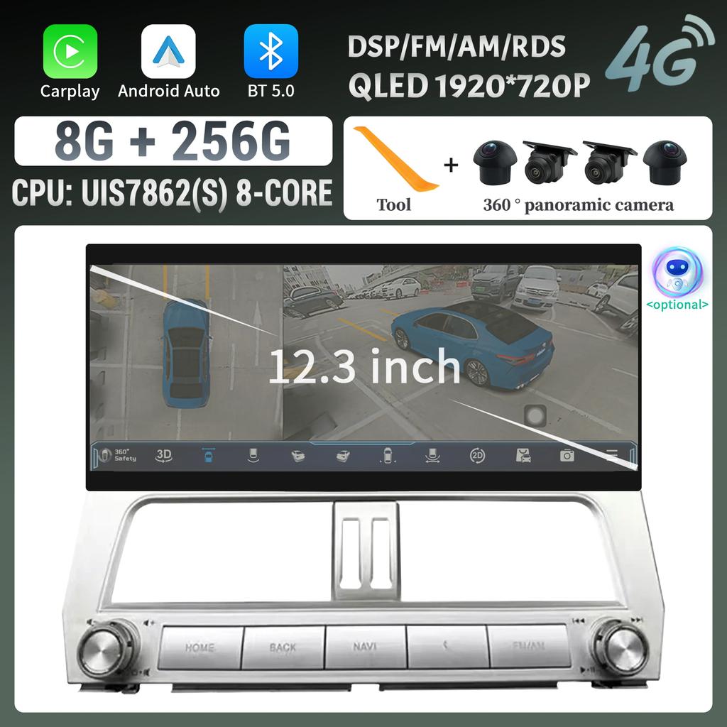 12.3inch Car Radio Multimedia 4G GPS For Toyota Prado 2018-2021 Multimedia Wireless Bluetooth Carplay Touch Head Unit Screen