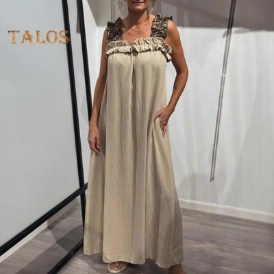 Women's Sleeveless Maxi Dress Ruffle Strap Square Neck Long Dress Casual Boho A-line Dress with Pocket Summer Beach Sundress