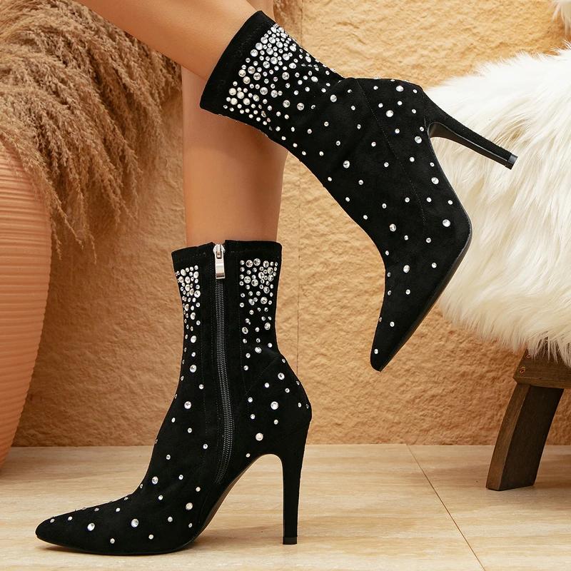 Fashion High Quality Women's Shoes Fashion Sexy Crystal Woman Ankle Boots Pointed Toe Side Zipper High Heels Women Boots Botas De Mujer