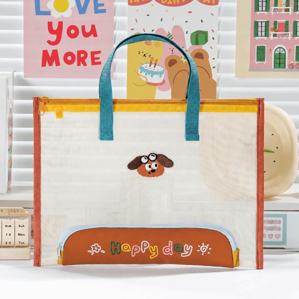 Clear Visible File Bag with Pencil Case Tuition Bag Cartoon Exam Paper Organizer Students кофейный