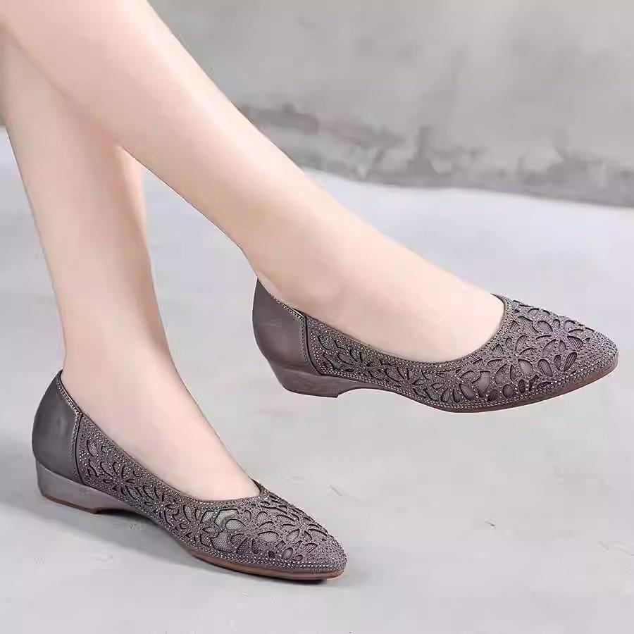 GKTINOO Spring Summer Hollow Genuine Leather Pumps Women Shoes Med Heels Square Heel Mesh Ladies Office Shoes Crystal