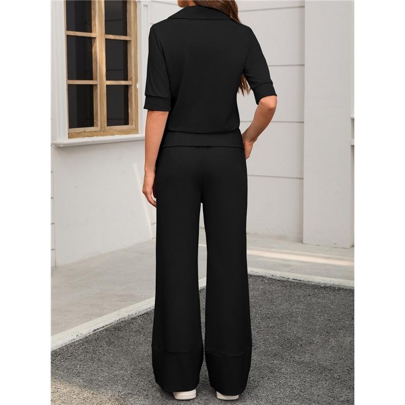 Women's 2Pcs Solid Color Casual Tracksuit Polo Neck Half Sleeve Top + Flare Pants Set