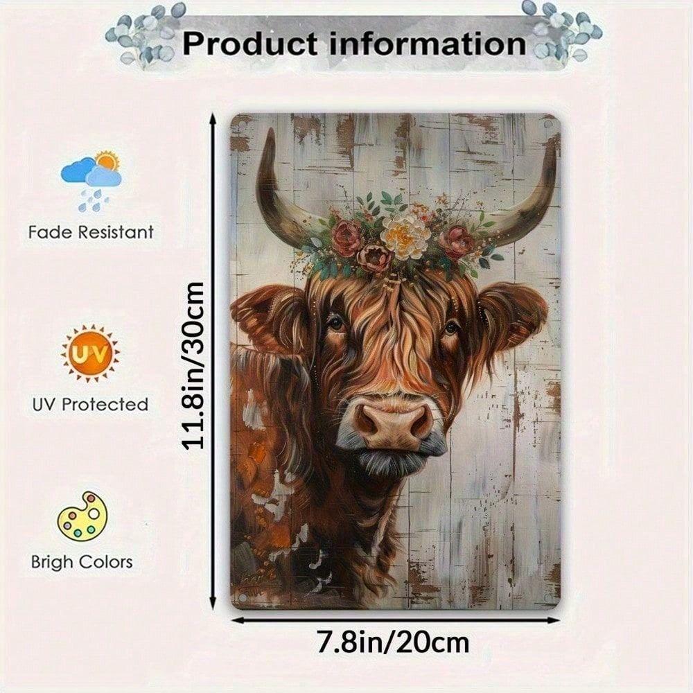 Vintage Metal Tin Sign High Cow in Flowers 30x20 cm Home Interior Decor
