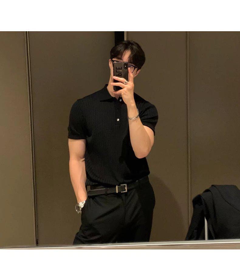 

Мужская летняя ретро-полосатая футболка-поло — трикотаж с короткими рукавами и отворотом, корейский тренд XL чёрный