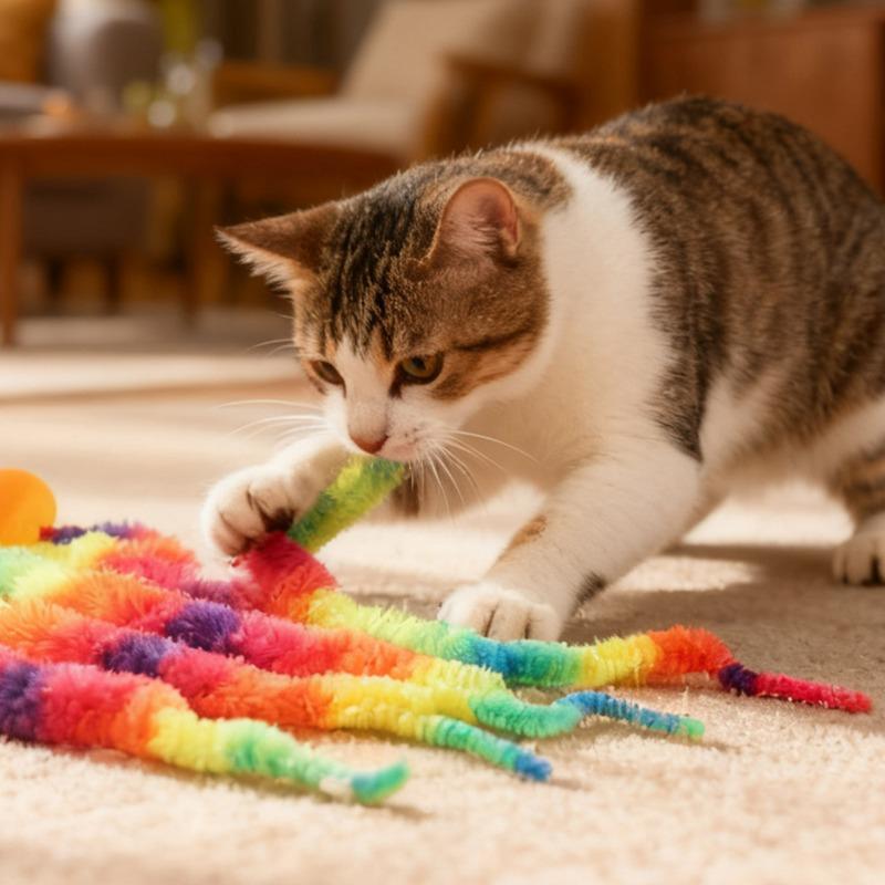 1/20x Twisted Worm with Fluorescent Bouncing Ball Colorful Elastic Strips Cats Pets Interactive Caterpillar Toy Pet Supplies