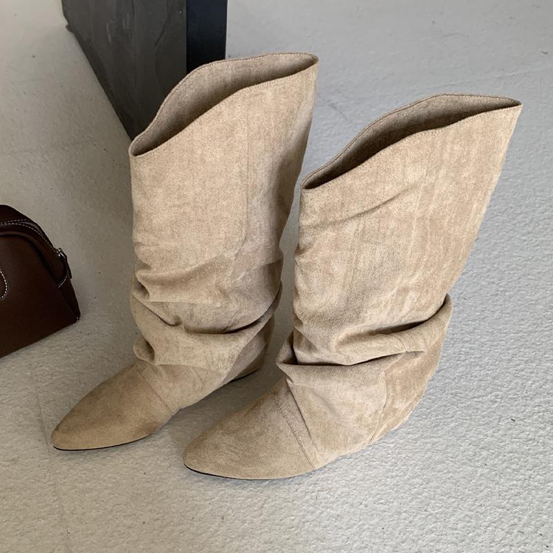 Fashion Flats Women High Boots Suede Pointed Toe Designer Shoes Winter Luxury Dress Woman 2025 New Fashion Sexy Chelsea Botas De Mujer
