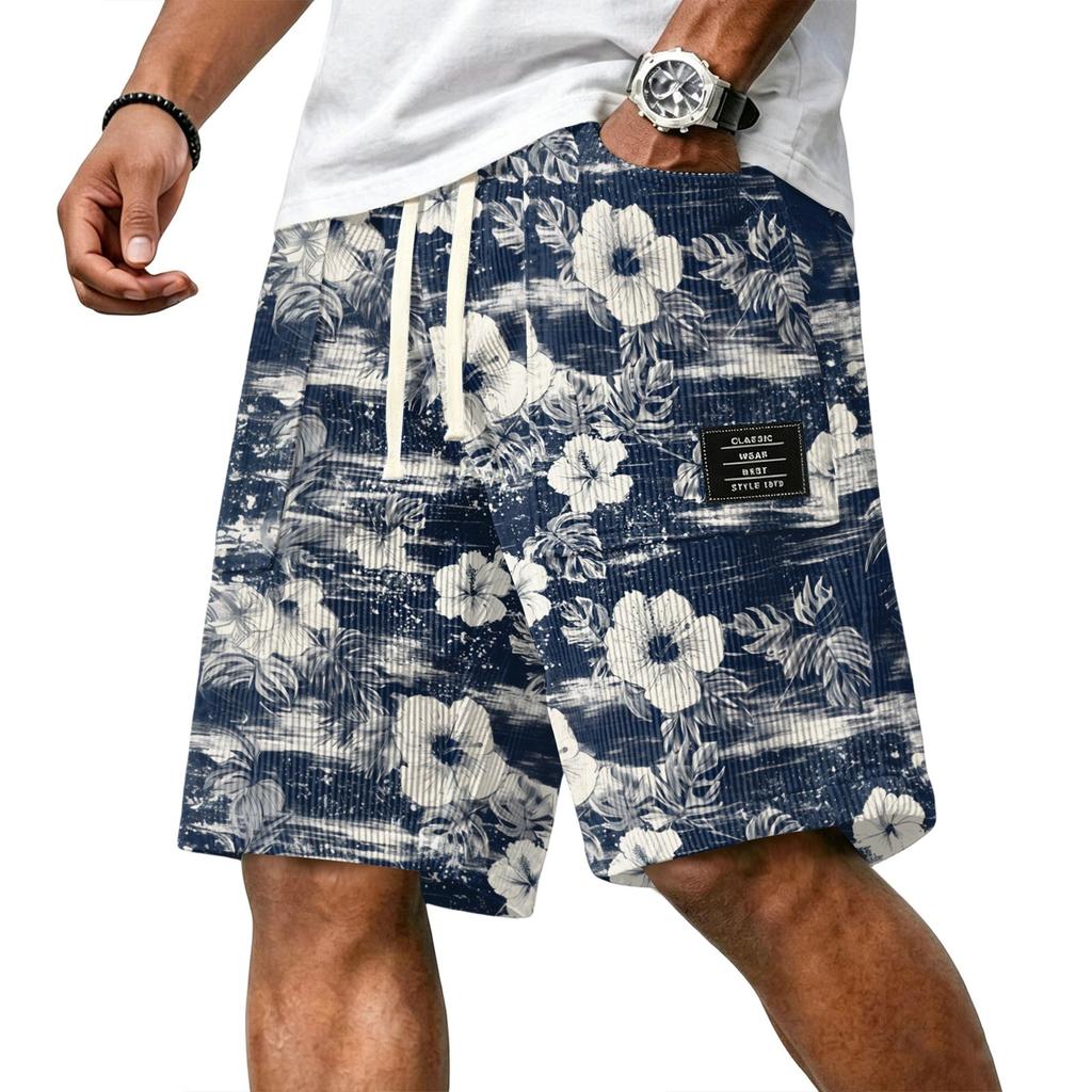 Men Corduroy Drawstring Shorts with Letter Print Relaxed Fit Hawaiian Style Floral Patterned Lightweight Pants