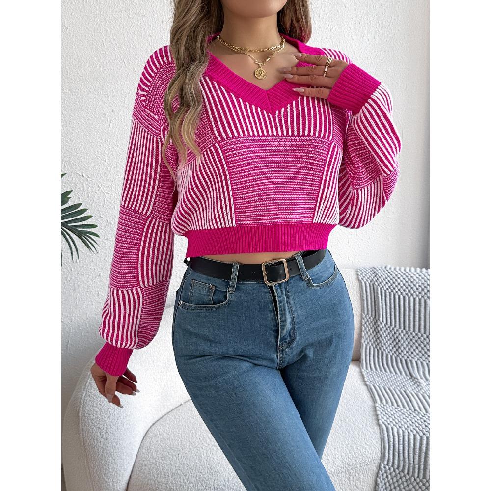 Women's Sweatshirt - Autumn/Winter Casual Striped Bell-Sleeve Pullover Cropped Knitwear