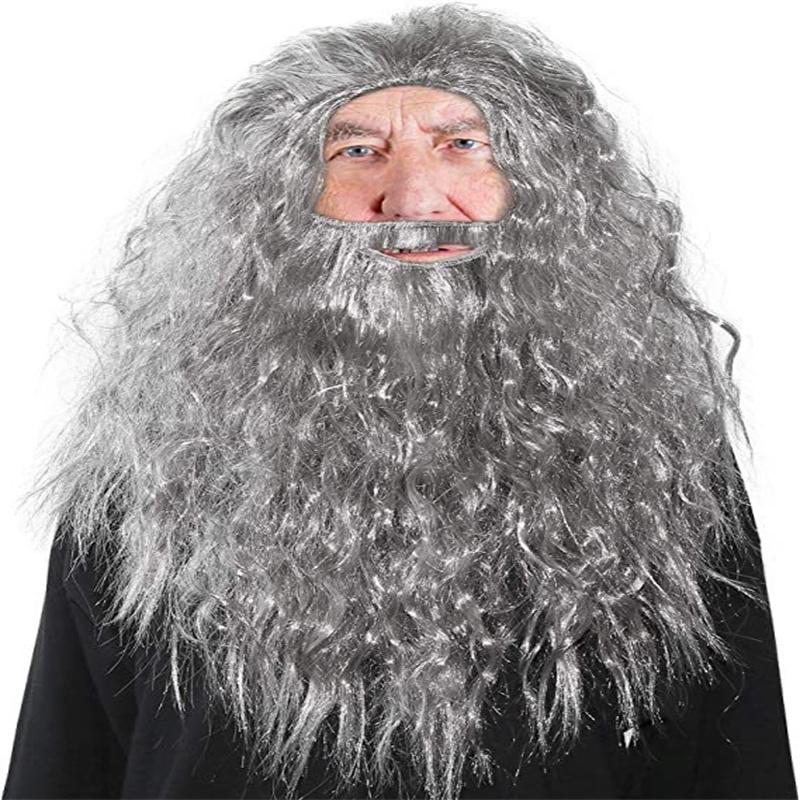 Dumbledore Cosplay Wig Synthetic Hair Halloween School Gandalf Wizard Costume Wig Man Albus Long Wave Grey Beard Wigs for Men