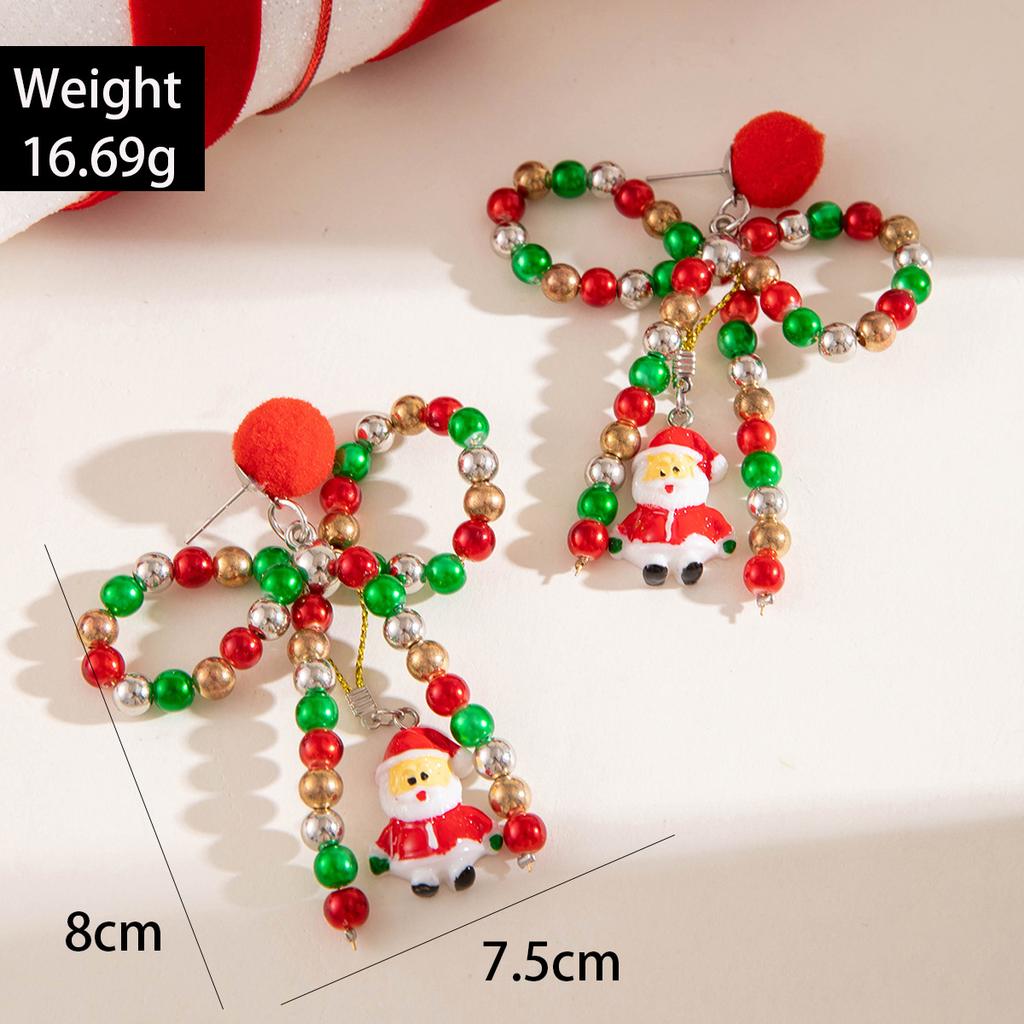 Fashion Colored Beaded Bow Hairball Earrings Creative Santa Pendant Christmas Earrings