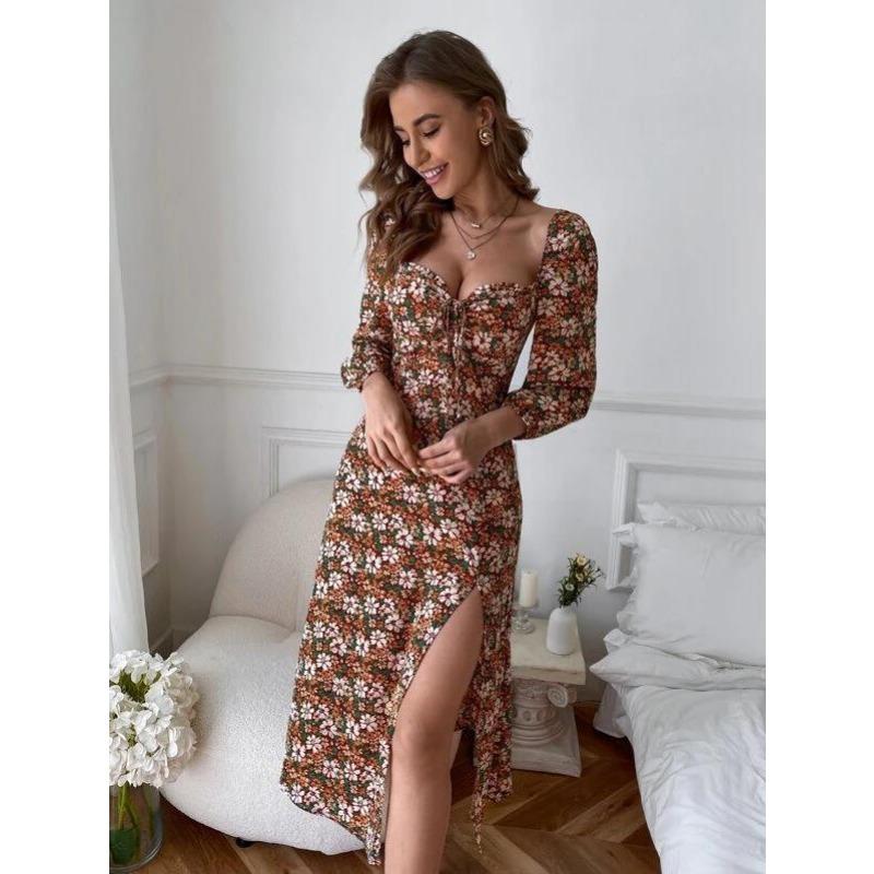 

Осенние женские платья с длинным рукавом и разрезом, сексуальные, с принтом XL
