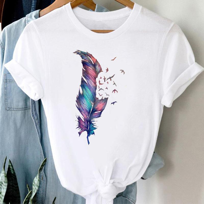 (European Size) Vintage Bird Watercolor Feather Women Print Short Sleeve Tee Top Fashion Tshirt Clothing Casual Summer Lady Female Graphic T-shirt