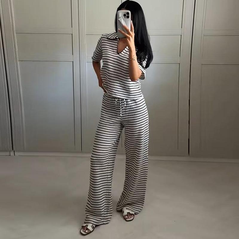 Damski teksturowany dzianinowy zestaw topu i spodni z dekoltem w serek, codzienny, wszechstronny styl, lato nowy damski zestaw ubrań z krótkim rękawem i spodniami w paski, luźny