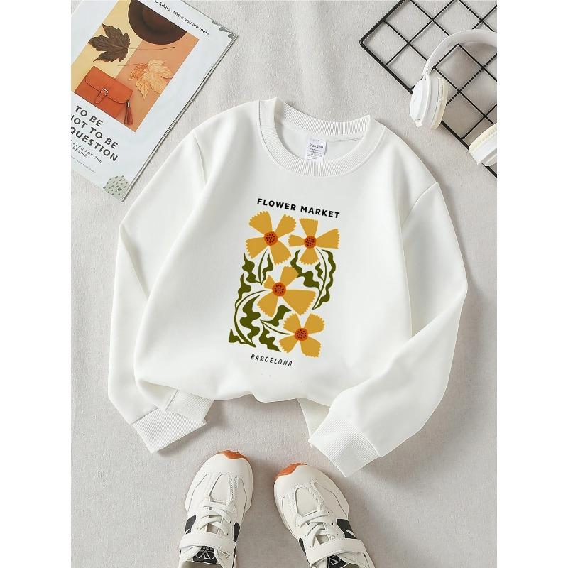 European Sizes Kids' Round-neck Hoodie - Flower Market Barcelona Pattern Print , Sportswear And Casual Wear, Soft And Comfortable
