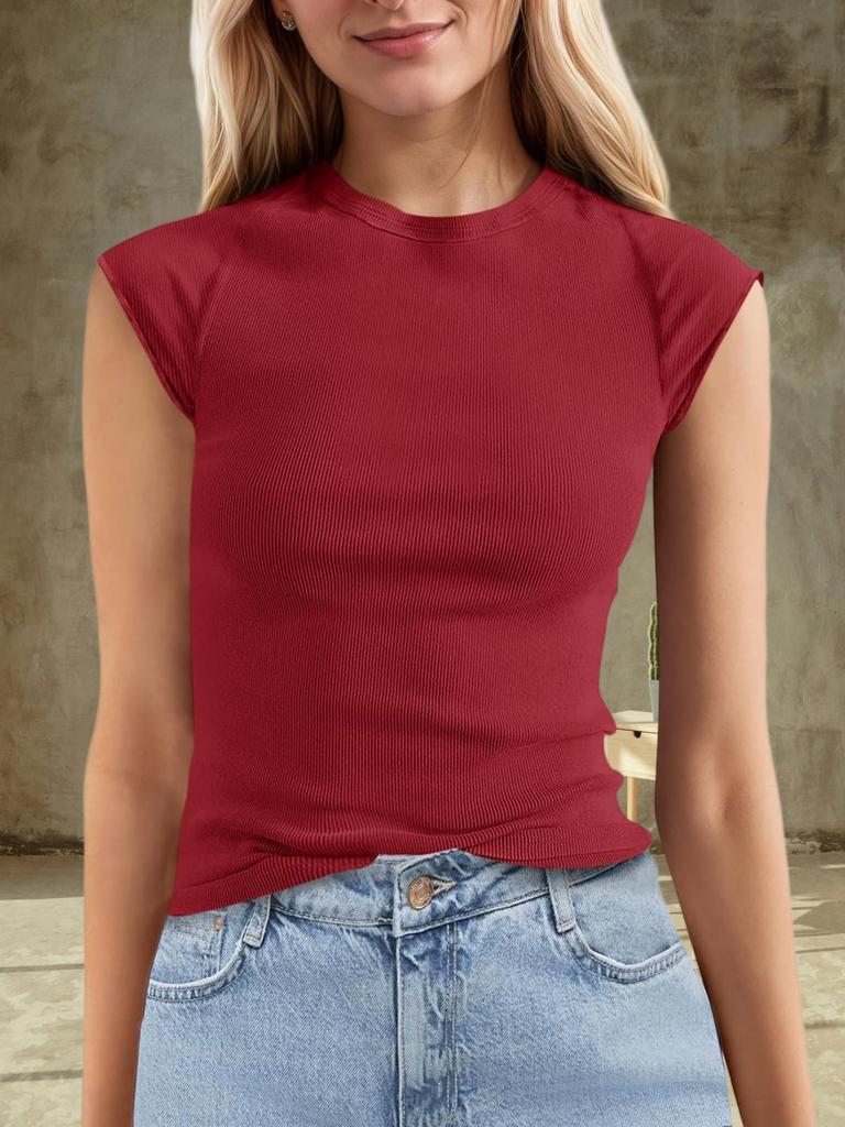 Womens Ribbed Knit T Shirt Cap Sleeve Crew Neck Slim Fit Summer Basic Top