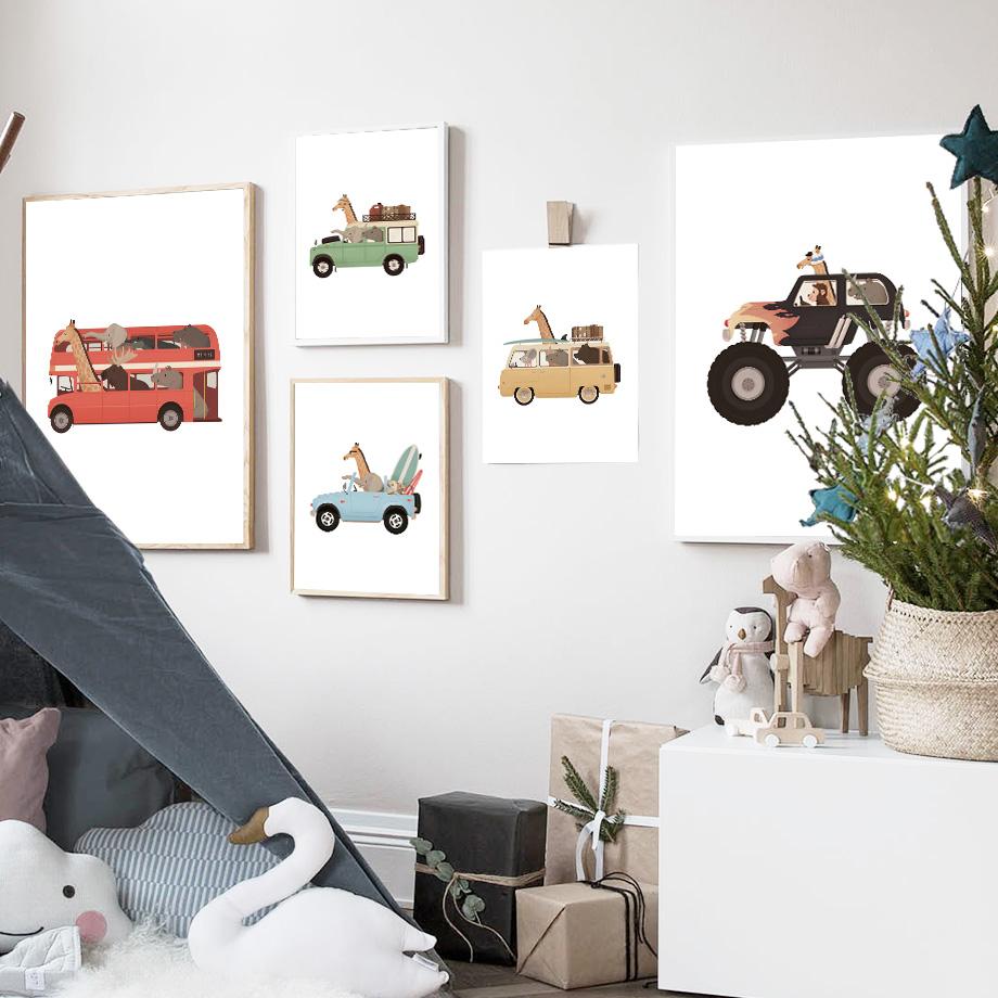 Cartoon Auto Giraffe Elefant Affe Bär Wand Kunst Leinwand Malerei Nordic Poster Und Drucke Tier Wand Bilder Kinderzimmer Dekor