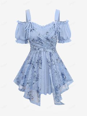 Rosegal Plus Size Cold Shoulder Puff Sleeves Gilding Rose Flower Lace Overlay Layered Crossover Top