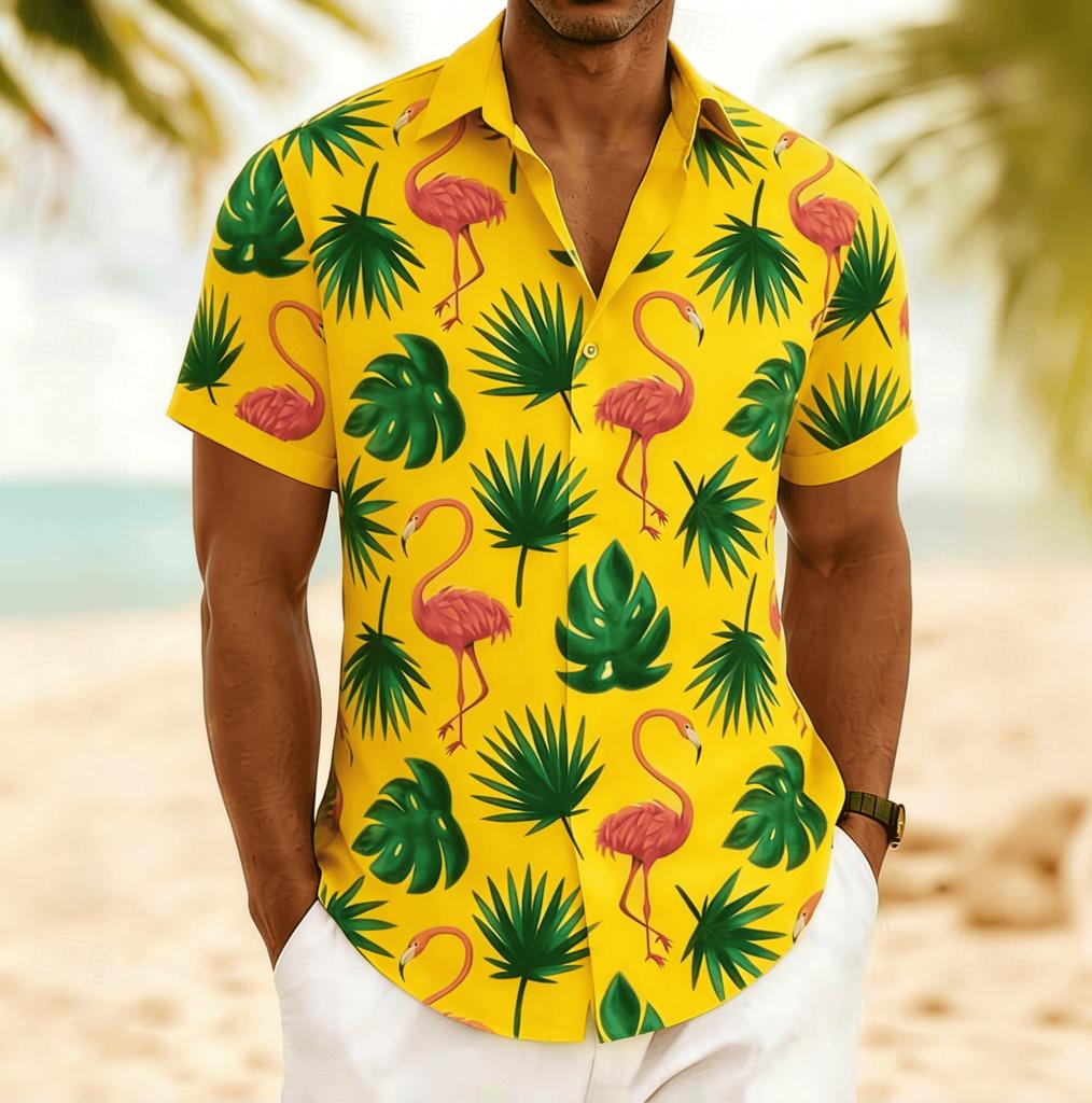 Men's Flamingo Tropical Monstera Palm Leaf Print Short Sleeve Shirt, Spring Summer Hawaiian Vacation Blouse, Loose Casual Top