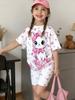 Girl Leisure Coordination Cute Kitten Heart Floral Print Short‑Sleeve Top and Elastic Biker Shorts Kid Sweet Summer Daily Garmen
