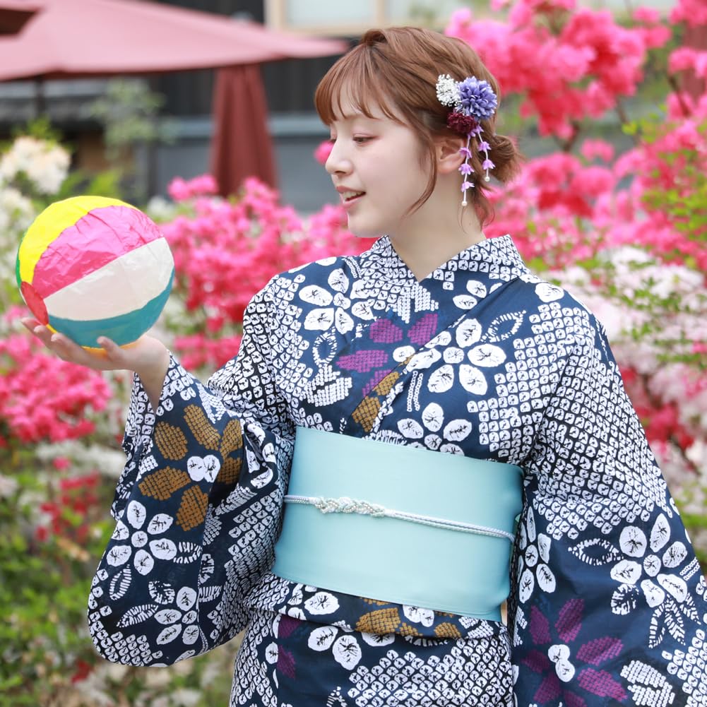 yukata comfortable yukata set with unique weave blue with pattern and sizes Plus-size set, fit, 3-piece (navy tie-dye tie-dye flowers, 4L-5L)
