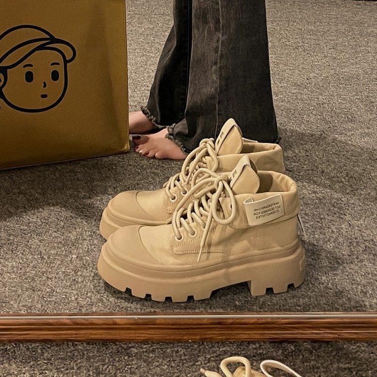 Wasteland wind Martin boots women's 2025 autumn new popular British style platform short boots inner height-increasing canvas mountaineering boots