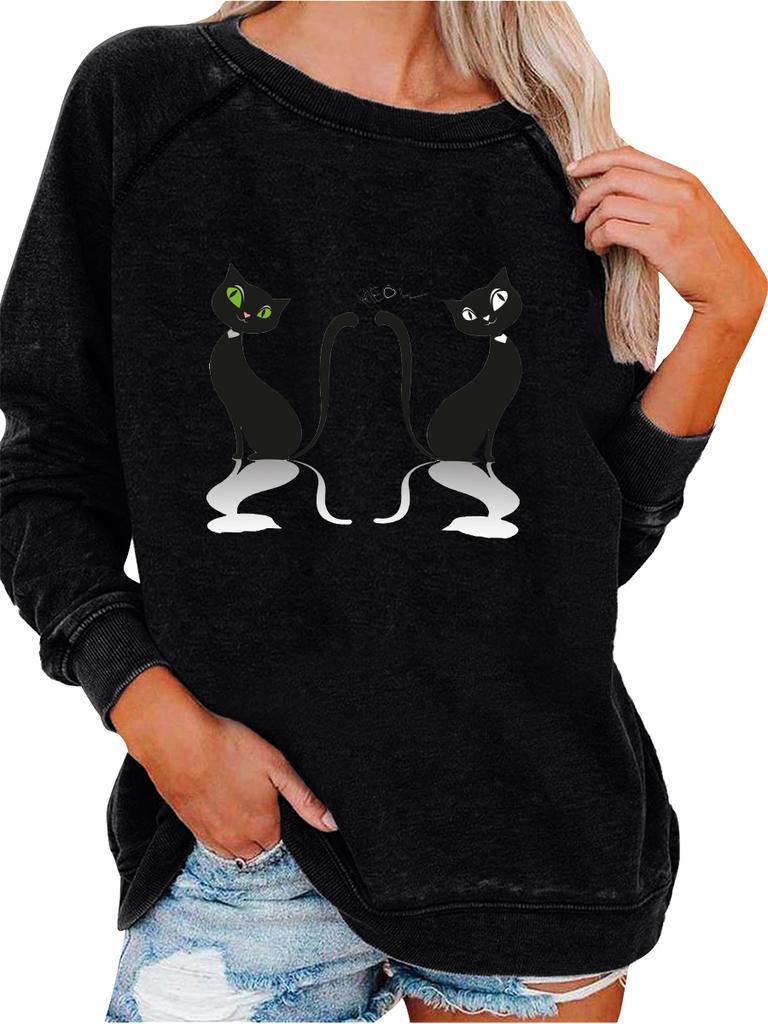 Ladies Spring/Fall Sweatshirt Women's Fashion Cat Print Top Oversized Pullover Sweatshirt