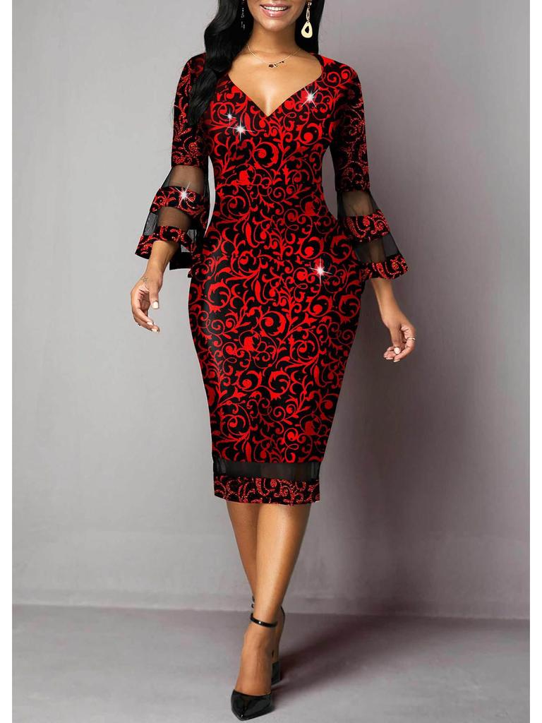 European Elegance: Floral Mesh Patchwork Bodycon Skirt Dress - V-neck Style for Women (2025)