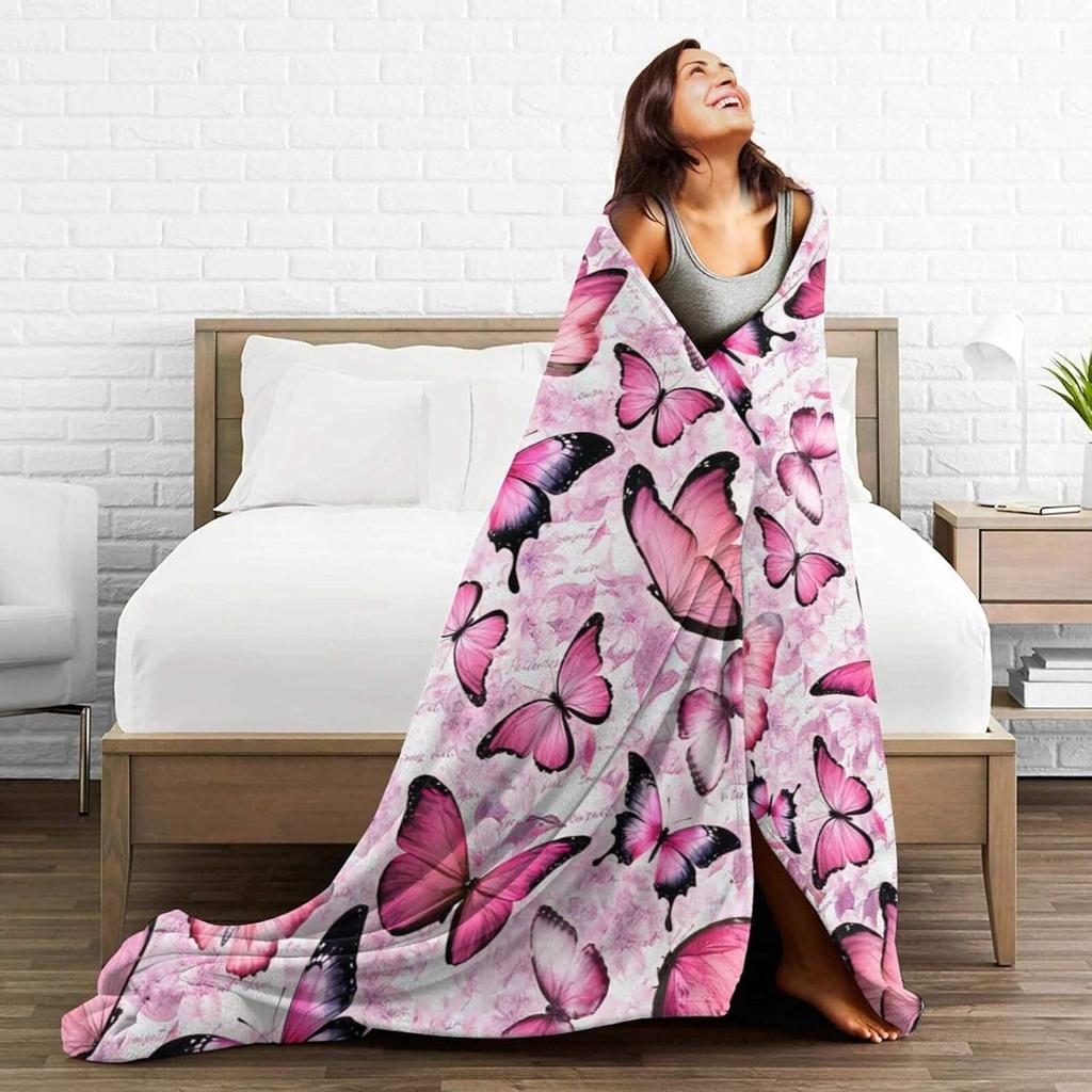 Pink Butterfly Pattern Fleece Blanket Soft Warm Throw Cover Decorative Home Bed Room Decor Gift For Women Girls40X50