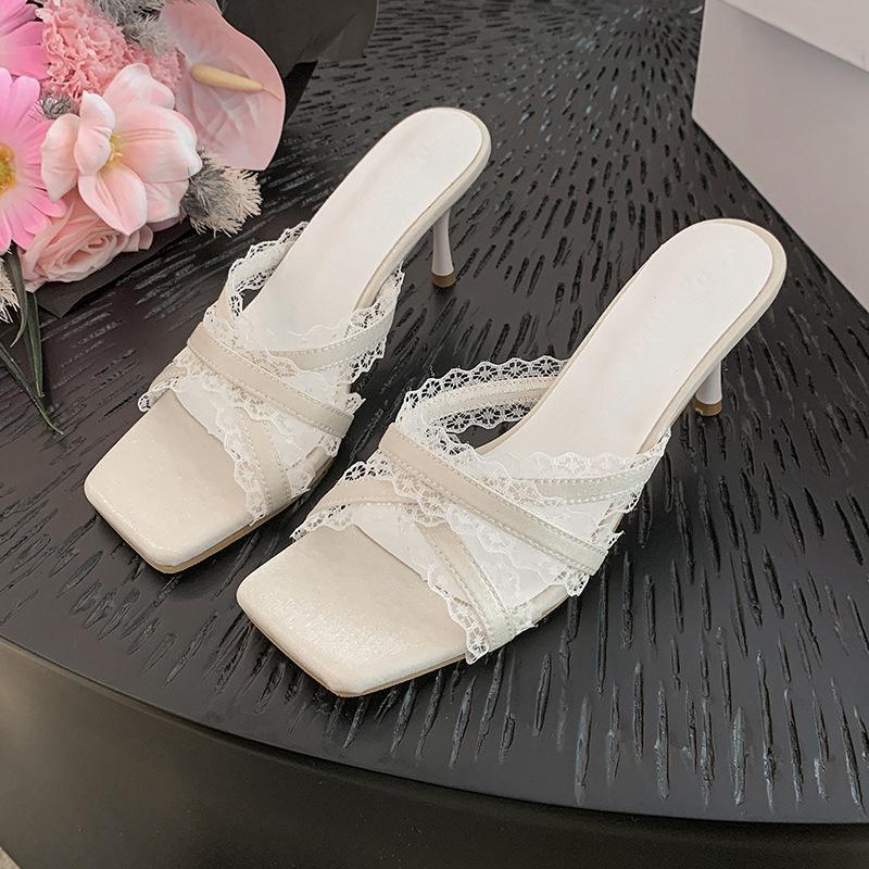 

Французские красивые тапочки для девочки 2025 новый летний с юбкой сказочный стиль высокие каблуки круглый носок с крутыми тапочками 40 бежевый