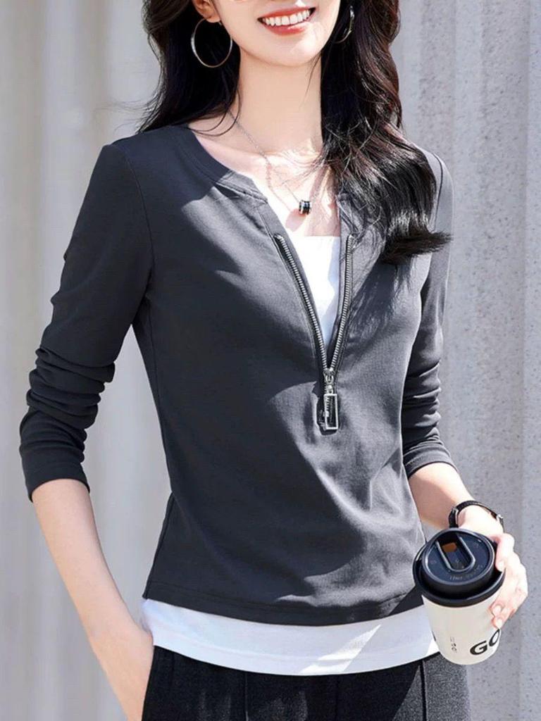 Women's V-Neck Zipper Long Sleeve Cotton Spliced Slimming Top for Spring and Autumn