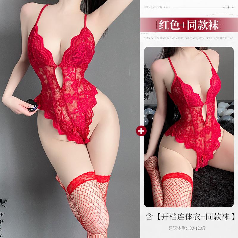Sexy Lingerie Pure Lace Seduction Open Onesie Women's Hot Perspective Pajamas Free of Uniform