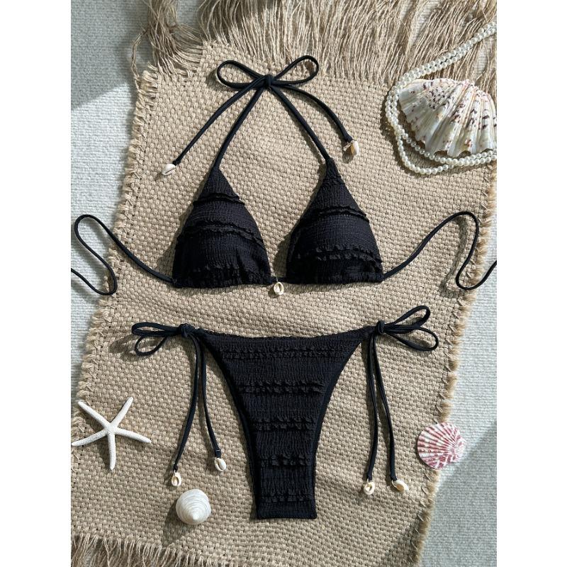 Solid Color Women Halter Three Piece Bikini Swimwear For Beach Swimming