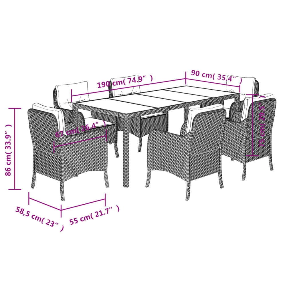 Vidaxl 7-Cz. Garden Furniture Set With Cushions, Black, Poly Rattan
