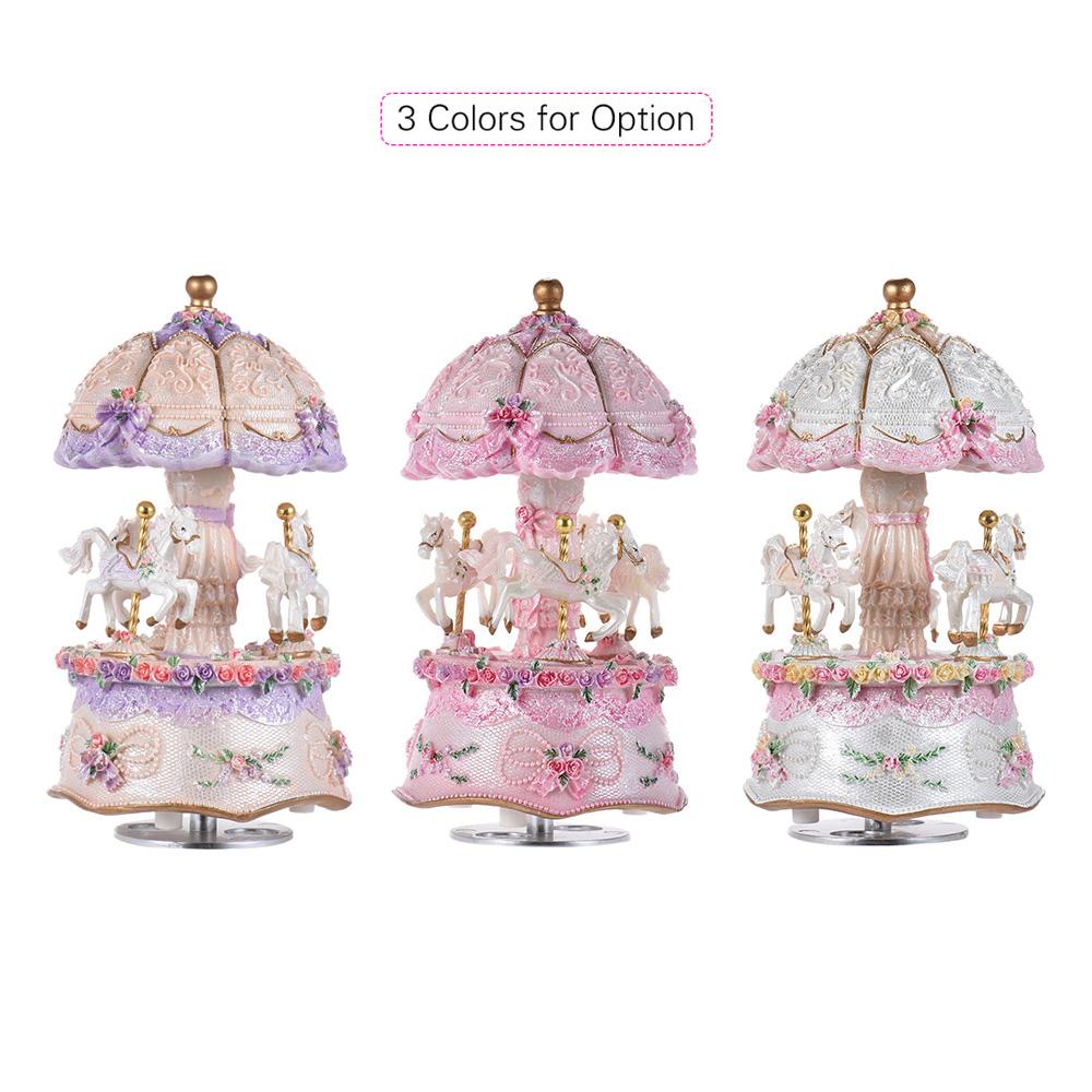 Luxury Dream 3-Horse Rotating Carousel Merry-go-round Windup Music Carousel with Colorful Color Change LED Luminous Light Melody of in the