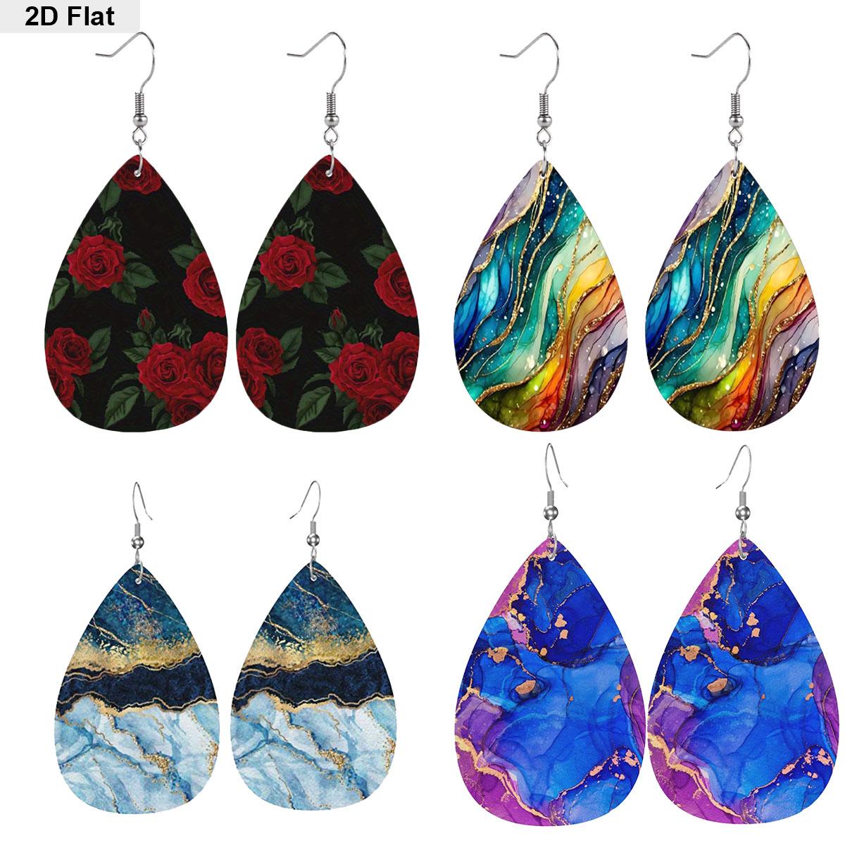 

2D Плоские Легкие Серьги-Подвески из ПУ Кожи с Принтом в Виде Капли, Мраморный Узор с Градиентом от Синего к Фиолетовому и Дизайн с Черной Розой, Женские Модные Серьги-Подвески 4pairs