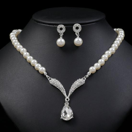 1 Set Faux Pearl Rhinestone Teardrop Pendant Necklace Jewelry Women And Earrings Elegant Beaded Necklace Jewelry
