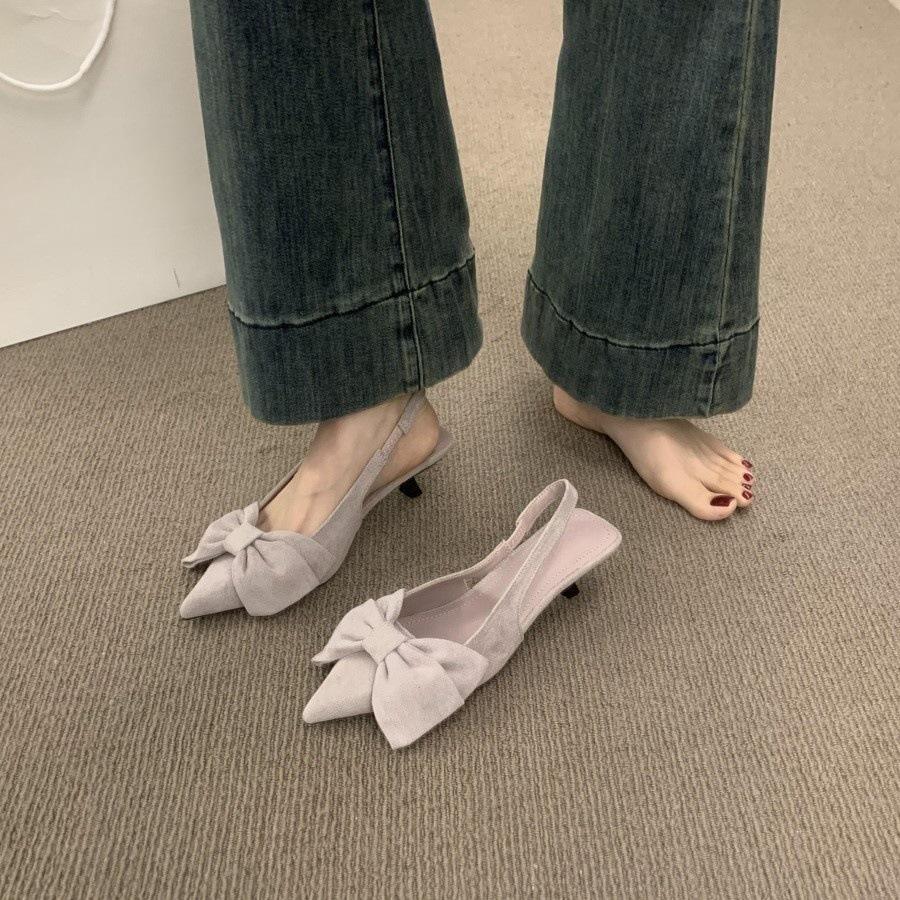 Suede Big Bow Bag Head Sandals Women's Shoes Kitten Heel Empty Pointed Head Beautiful Single Shoes Women