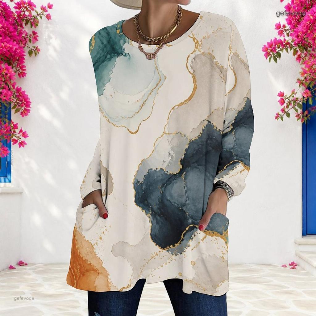 Women Plus Size Round Neck Long Sleeve Abstract Print Loose Longline T Shirt With Pockets
