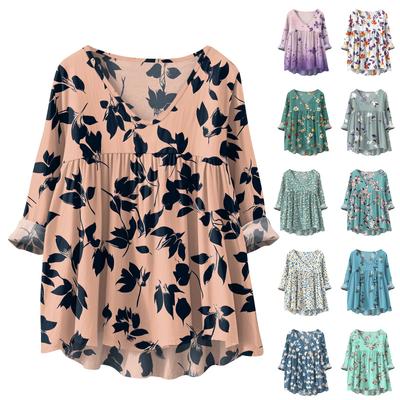 Women's Fashionable And Casual Shirt Long-sleeved V-neck Print Cotton And Linen Blouse
