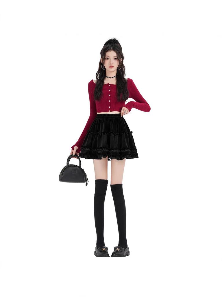 High-Waist Velvet A-Line Fluffy Skirt for Women - Autumn/Winter Collection