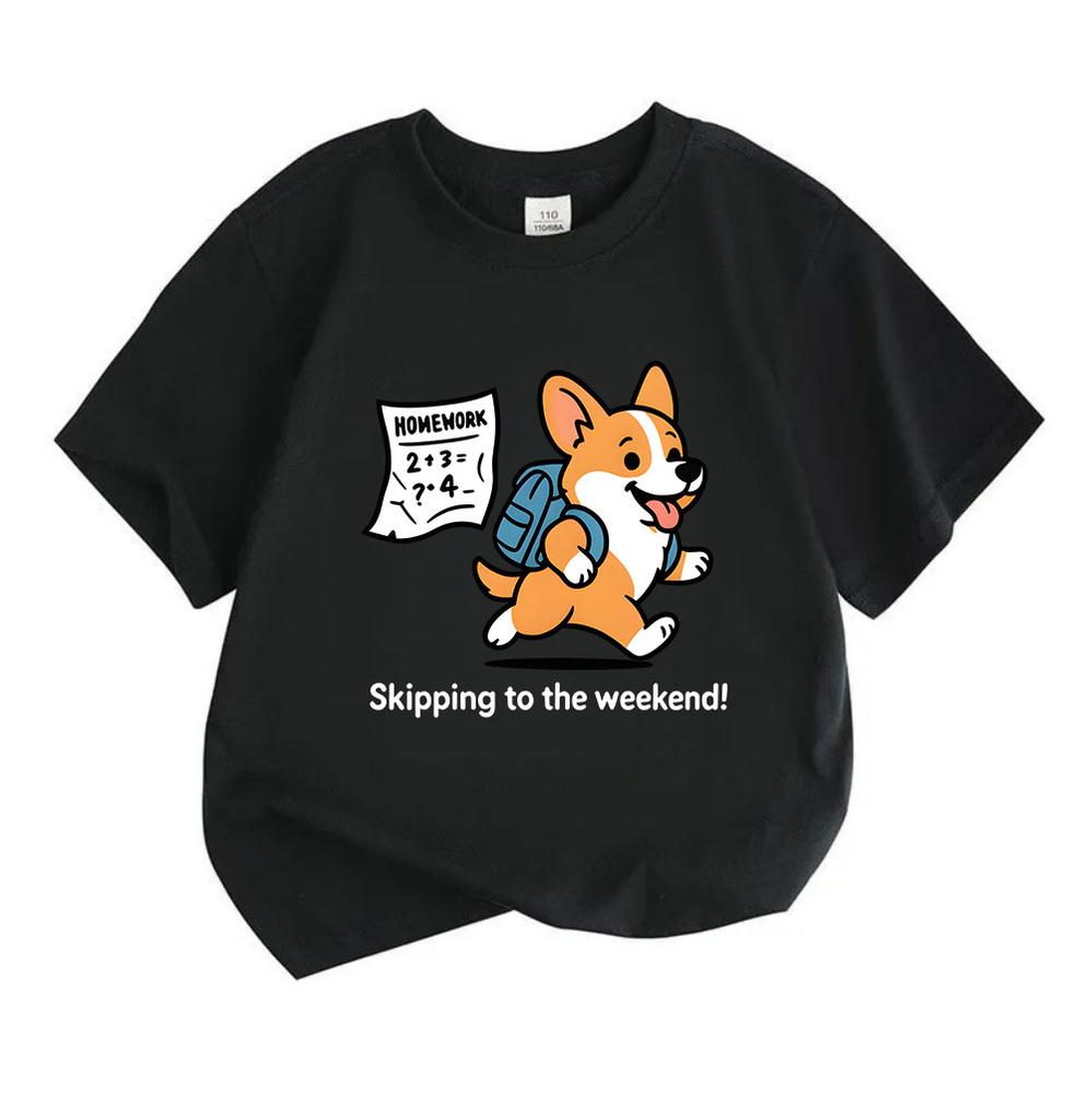 Kids Boys Girls 100% Cotton Crew Neck Short Sleeve T-Shirt, Cute Corgi Skipping To Weekend Homework Graphic Casual Soft Tee for School Daily Wear