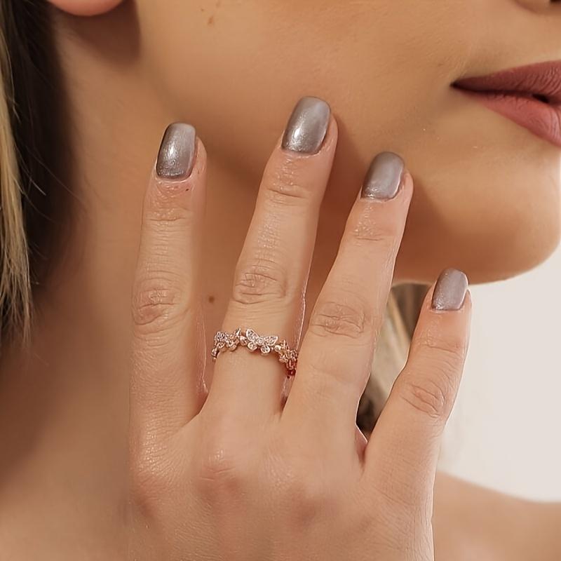 1 Pc, Estilo Elegante e Clássico, Anel Aberto com Design em Forma de Borboleta Prateada e Rosa Dourada, Anel de Zircônia Brilhante Incrustado