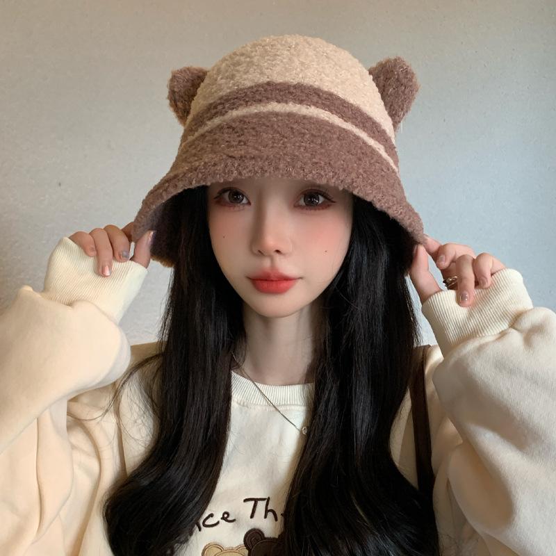 Korean New Autumn and Winter Hat for Women Cute Little Bear Two color Splicing Fisherman Hat In Winter Warmth To Show The Face Small Basin Hat Thick
