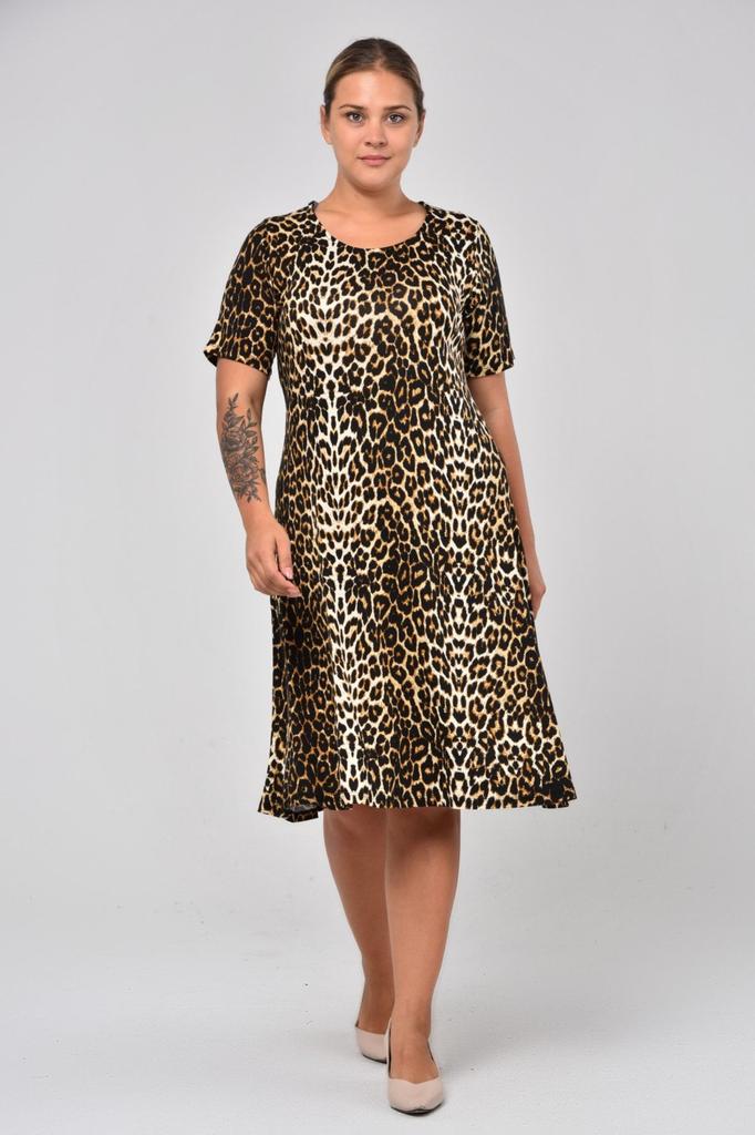 Women's Big Size Dress Short Sleeve Black Leopard Patterned Dress