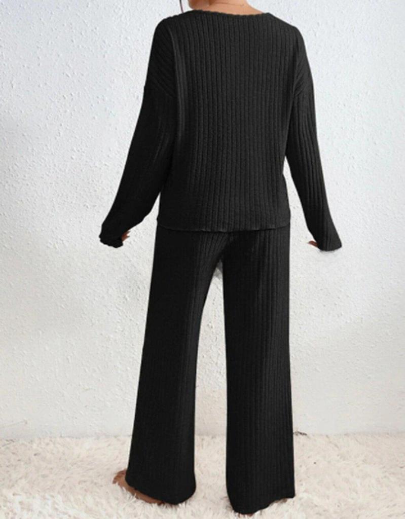 2025 Autumn/Winter Hot Selling Ribbed V-Neck Long Sleeve Brushed Casual Set for Women