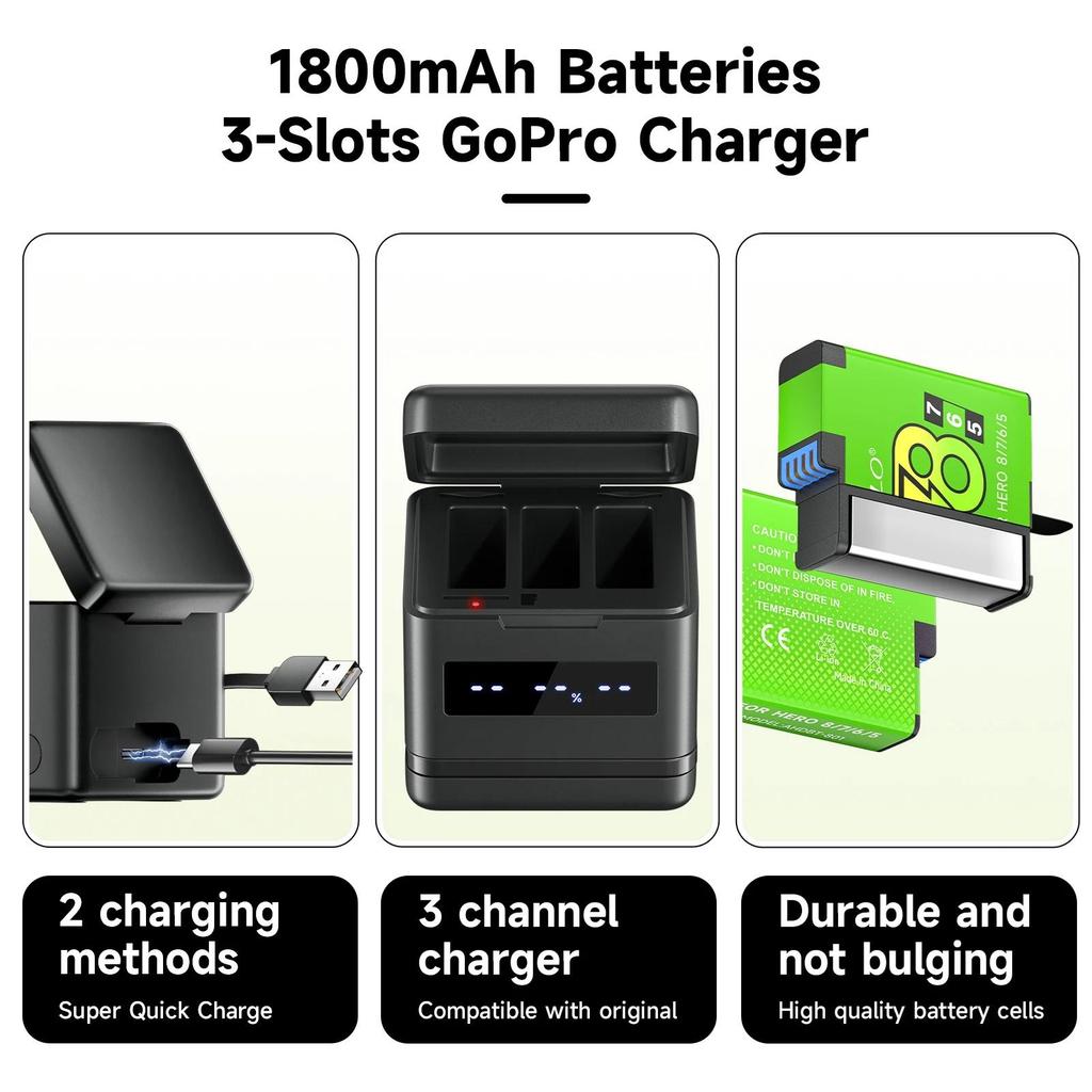 PALO 1800mAh Battery for GoPro Hero 8/7/6/5+LCD Black Battery Charger for GoPro