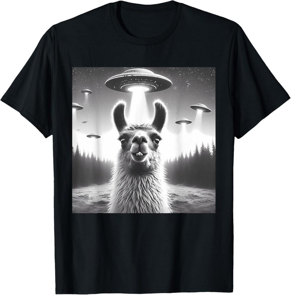 Funny Llama Selfie UFO Alien Alpaca Humor Vintage Print Art TShirt Unisex T-Shirt M